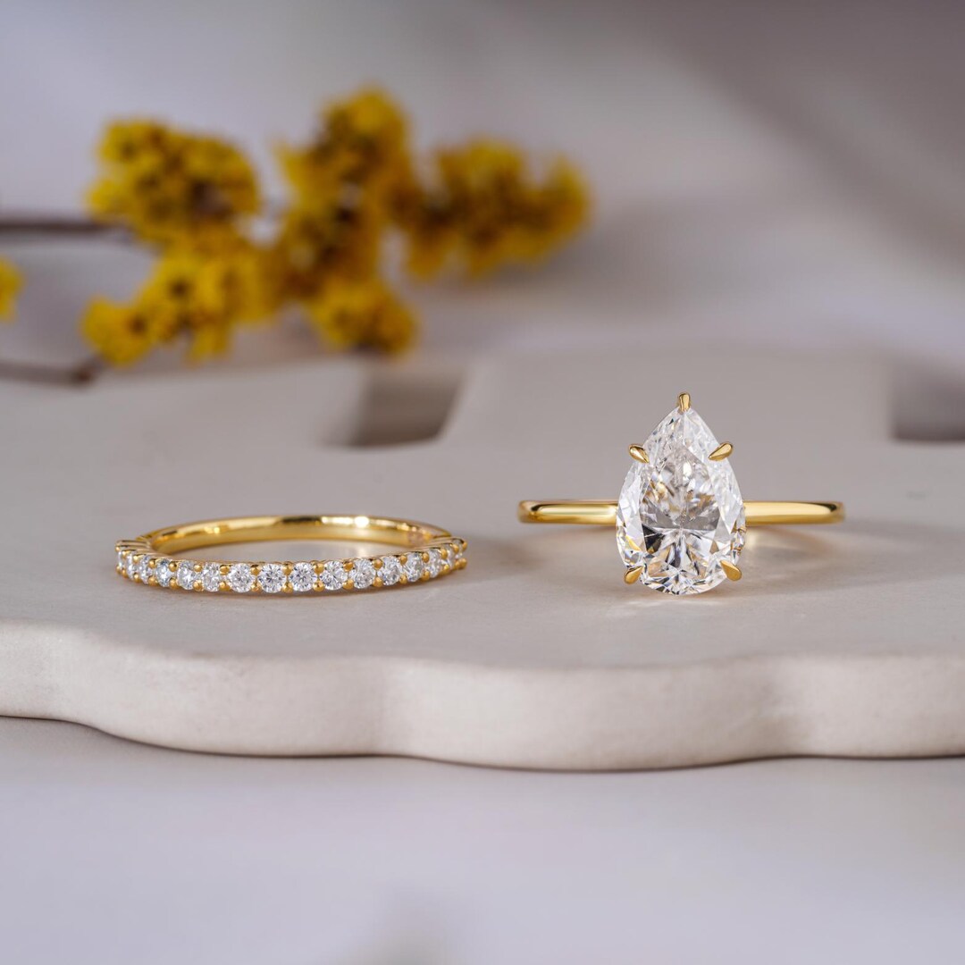 3 CT Pear Cut Moissanite Engagement Ring Set 14K Solid Gold Wedding ...