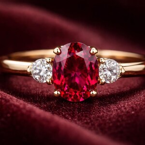 オーバル型ルビーモアッサナイト3石リング｜14Kイエローゴールド婚約指輪