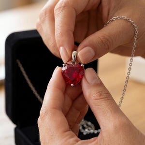 Collana con ciondolo a cuore in rubino, in ottone, gioiello romantico ed elegante