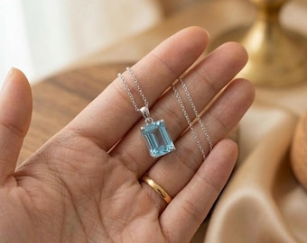 Emerald-Cut Aquamarine Pendant Necklace • Handmade Sterling Silver