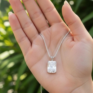 14K Solid Gold Radiant Cut Moissanite Necklace | Solitaire Pendant | Gift for Her