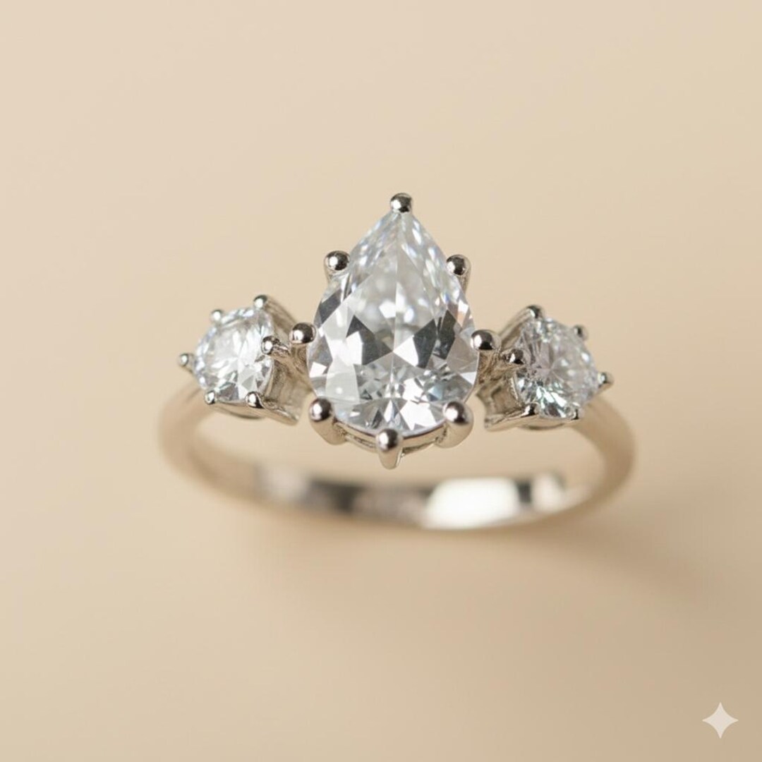 Pear Cut Moissanite Engagement Ring | Sterling Silver Three Stone - Etsy