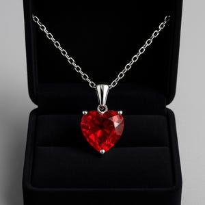 May include: A silver chain necklace with a heart-shaped, faceted red pendant. The necklace is displayed in an open black jewelry box against a gray background. The pendant is a vibrant red color.