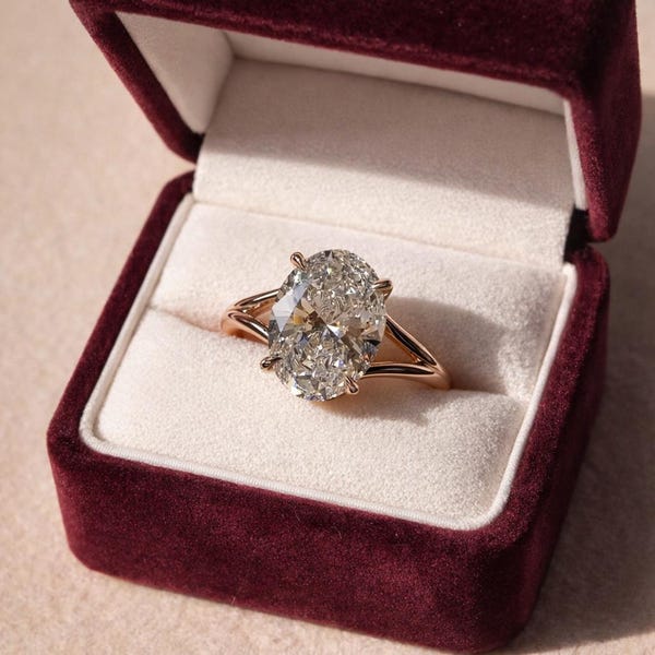 4 Carat Oval Moissanite Engagement Ring, Platinum Plated Sterling Silver Solitaire Bridal Ring