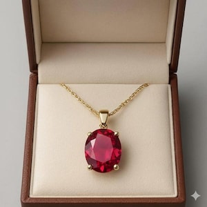 Oval Cut Lab-Grown Ruby Pendant Necklace, 14K Gold