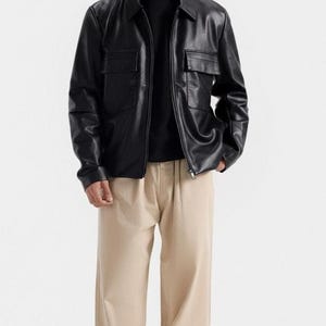 Men's Black Leather Shacket: Minimalist Utility Overshirt