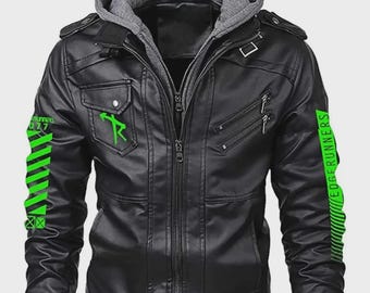 Men's Cyberpunk Leather Biker Jacket with Hood – Edgerunner Gaming Streetwear Coat