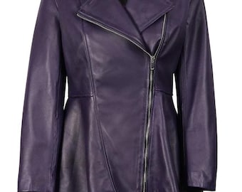 Women's Asymmetrical Purple Peplum Leather Jacket