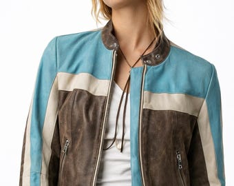 Women Distressed Leather Biker Jacket – Blue White Striped Cafe Racer Motorcycle Style