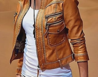 Brown Lambskin Leather Biker Jacket – Slim Fit Motorcycle Coat