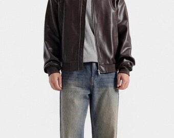 Jaqueta bomber masculina de couro espresso oversized: casaco de voo Y2K