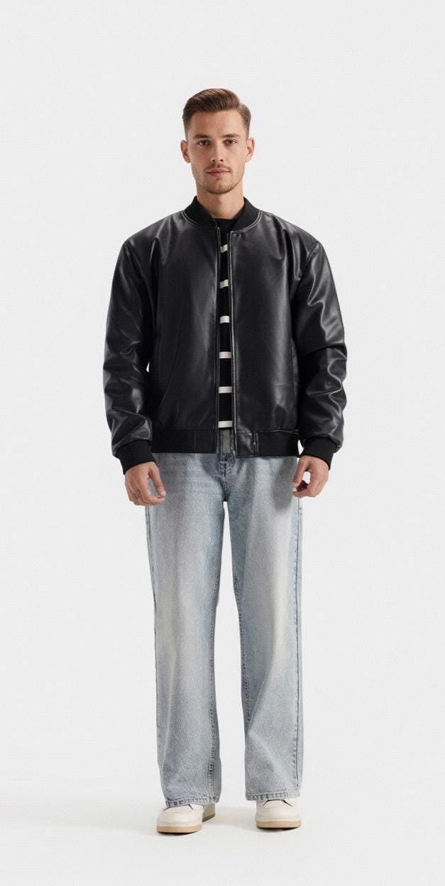 Minimalist Black Leather Bomber Jacket: Oversized Y2K Streetwear