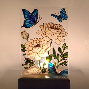 Stained Glass Tealight Holder with Butterflies and Flowers, Hand Painted Candle Holder, Perfect Gift for Mom, Wife, or Garden Lover