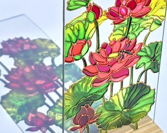 Water Lily Stained Glass Suncatcher: July Birth Flower, Hand-Painted