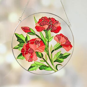 Personalized Carnation Suncatcher: Hand-Painted Stained Glass Birth Flower Gift