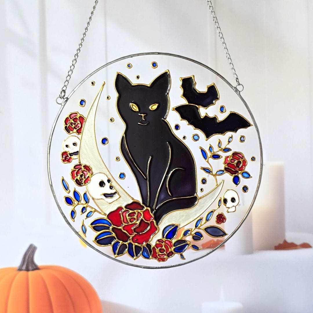 Black Cat Moon Suncatcher: Gothic Stained Glass Window Hanging - Etsy