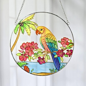 Hand-Painted Stained Glass Parrot Suncatcher: Whimsical Bird Window Decor