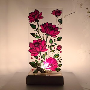 Personalized Pink Dahlia Candle Holder, Birthday gift for her, Painted Stained Glass Floral Lantern, Romantic Home Decor, Tea Light Holder
