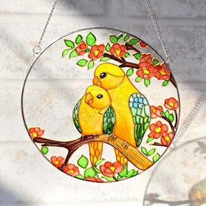 Love parrot couple stained glass Sun catcher Hand painted bird suncatcher Anniversary gift for couple Romantic gift for her