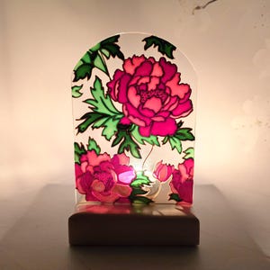 Hand Painted Peony Candle Holder, Pink Floral Tealight Lantern, Romantic Stained Glass Decor, Botanical Gift for Her, Birth Flower gift