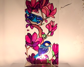 Hand Painted Magnolia Candle Holder: Stained Glass Lantern with Blue Birds