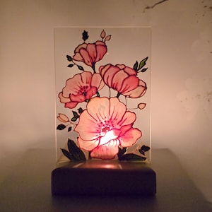 Hand Painted Stained Glass Candle Holder – Pink Floral Glass Lantern – Unique Gift for Her, Cozy Home Decor, Handmade Tea Light Holder