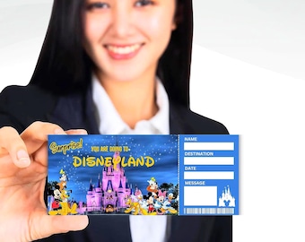 Boleto sorpresa imprimible para parque temático, regalo sorpresa estilo Disney World, plantilla editable de boletos de Canva, sorpresa mágica para tus vacaciones.