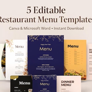 Könnte beinhalten: Fünf editierbare Restaurant-Menüvorlagen in verschiedenen Farben, darunter Marineblau, Gelb und Weiß. Die Menüs zeigen Texte wie "Menü", "Abendessen-Menü" und "Dessert-Menü". Das Bild enthält auch den Text "5 editierbare Restaurant-Menüvorlagen" und "Canva & Microsoft Word • Sofort-Download".
