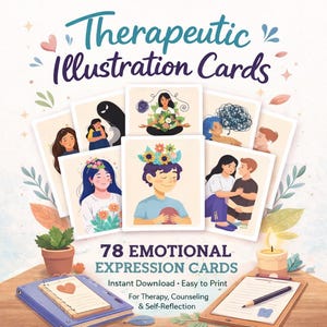 Healing Therapeutic Illustration Cards | 78 Emotional Expression Printable | Counseling, Therapy, Self-Reflection | Digital Download