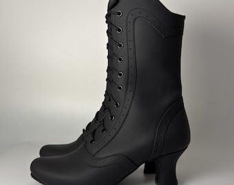 Botines de cuero negro para mujer, botines victorianos con cordones hechos a mano, botines de cuero personalizados.