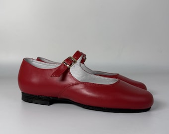 Zapatos de baile de salón de cuero rojo para mujer, zapatos de baile folclórico hechos a mano con suela completa, zapatos de cuero suave personalizados con tacón de 1 cm.
