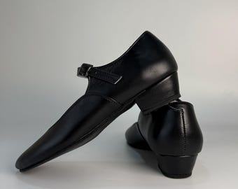 Scarpe da ballo swing da donna in pelle nera, modello Mary Jane personalizzato per balletto folk, scarpe con tacco di 2 cm per piedi nudi