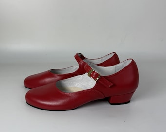 Zapatos Mary Jane rojos, bailarinas de charol hechas a mano, zapatos vintage de tacón bajo para mujer, calzado retro para baile swing, color personalizado.