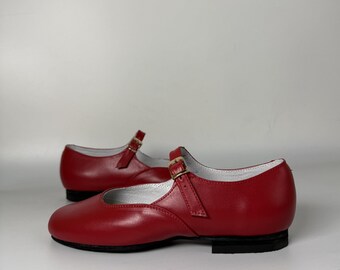 Zapatos de baile infantiles de cuero rojo, zapatos de baile de salón y folclórico hechos a mano, suela de cuero completa, tacón de 1 cm, calzado escénico personalizado con tacón de 1 cm
