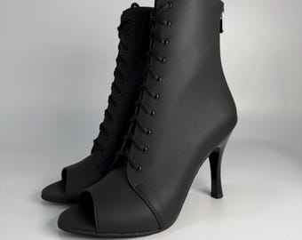 Czarne skórzane buty do tańca na rurze, sznurowane buty sceniczne z odkrytymi palcami, ręcznie robione buty do tańca egzotycznego, obcas 9,5 cm