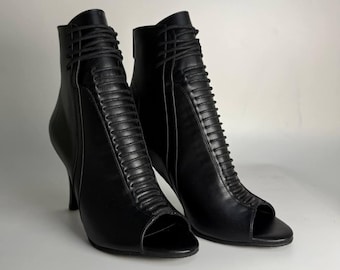 Botas de baile negras de cuero con cordones, zapatos de tacón alto para mujer, tallas 34–41