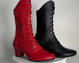 Botas de baile de cuero con suela dividida para mujer, zapatos de jazz folk hechos a mano para el escenario, botas victorianas con cordones.