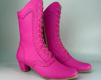 Botines de piel rosa para mujer, botines victorianos de estilo vintage con cordones, hechos a mano, diseño personalizado.