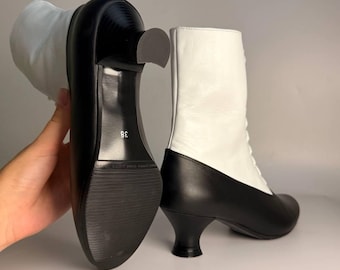 Botas negras y blancas con cordones, botas victorianas de cuero hechas a mano, botas vintage personalizadas, zapatos de baile swing para mujer.