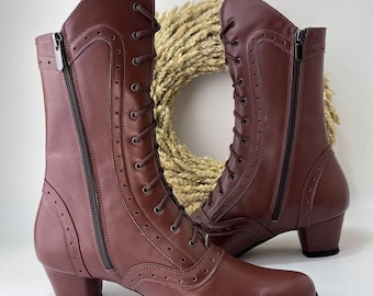 Botas de cuero marrón con cordones para mujer, botines victorianos hechos a mano, zapatos vintage personalizados para el día a día.