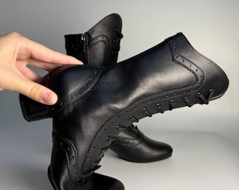 Botas de baile de cuero negro con suela dividida para mujer, zapatos de baile de jazz hechos a mano, botas victorianas con cordones, botas de escenario steampunk.
