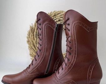 Botines de cuero marrón para mujer, botines victorianos con cordones hechos a mano, zapatos personalizados para el día a día.