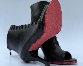 Womens Black Leather Latin Dance Shoes, Custom Comfortable 9.5cm Stiletto Heels