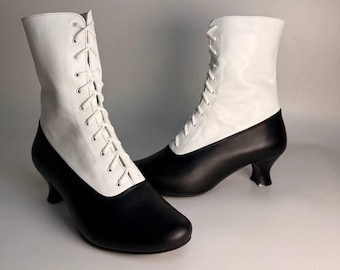 Handmade Victorian Soft Leather Boots for Women, Black White Lace Up Boots, Vintage Custom Boots, Dancing Shoes 5 cm heel