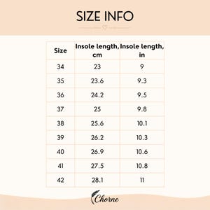 May include: A size chart titled SIZE INFO with a table listing shoe sizes from 34 to 42. The table provides corresponding insole lengths in centimeters and inches, ranging from 23 cm to 28.1 cm and 9 inches to 11 inches. The brand name Chorne is at the bottom.