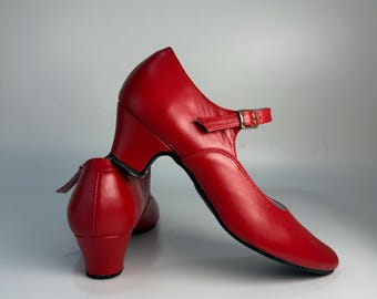 Handmade Leather Folk Dance Shoes for women, Custom Red Mary Janes Shoes, Swing Ballroom Flamenco Shoes, Womens Dancing Red Shoes 4 cm heel