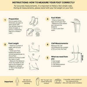 May include: An instructional infographic titled HOW TO MEASURE YOUR FOOT CORRECTLY. It features five numbered steps with black line drawings illustrating how to measure foot length, width, and calf circumference at 20 cm, using paper, pencil, and tape.