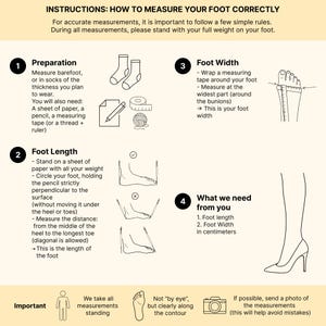 Op de afbeelding: Een instructieve infographic getiteld INSTRUCTIONS: HOW TO MEASURE YOUR FOOT CORRECTLY. Het bevat vier genummerde stappen met zwarte lijntekeningen van sokken, papier, potlood, meetlint en voeten om de voetlengte en voetbreedte te meten.