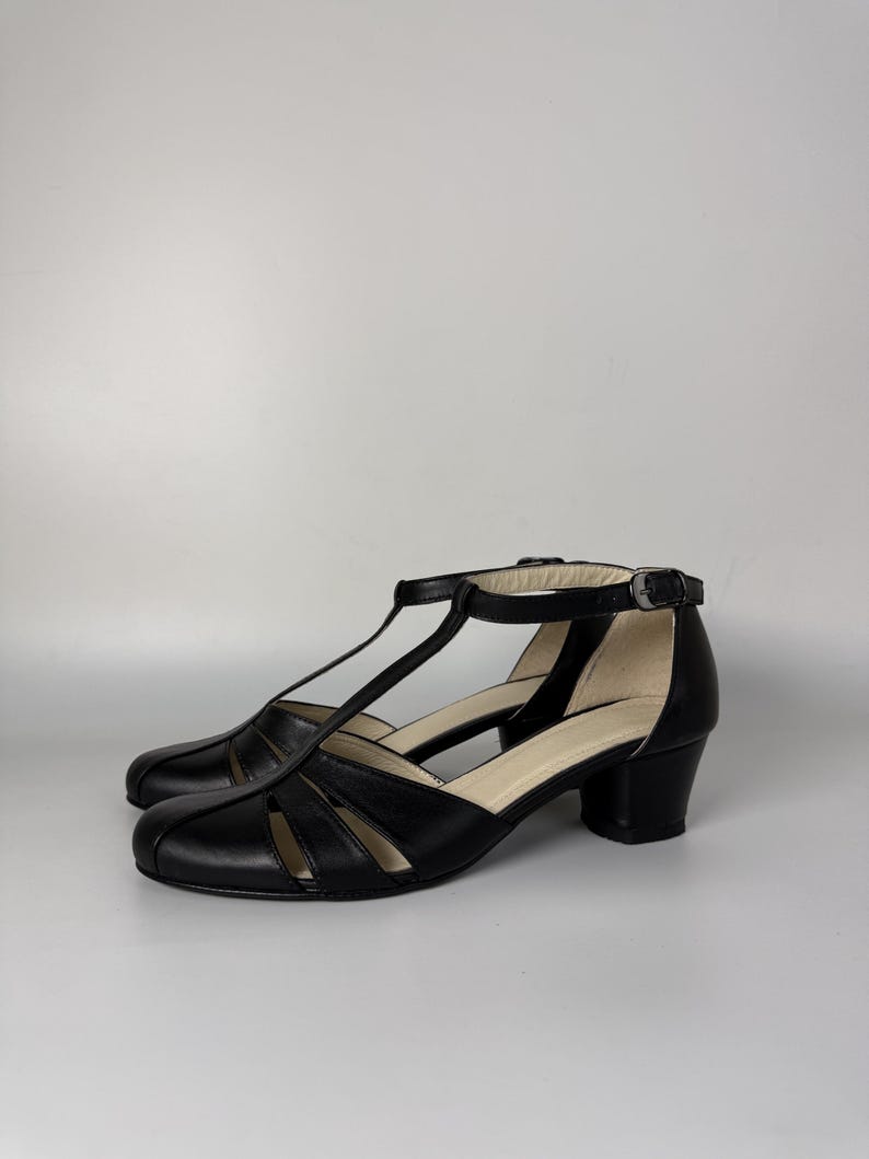Black Leather T-Strap Sandals for Women, Handmade Closed Toe Shoes, Comfortable 4 cm Low Heel Summer Dress Shoes image 3