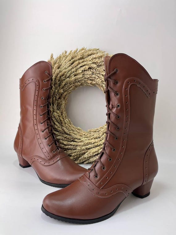 Brown Leather Lace Up Victorian Ankle Boots Women, Handmade Vintage Style Shoes